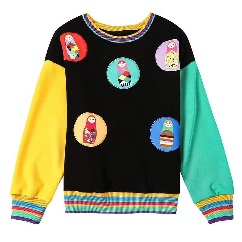Femme Plus De Mode Imprimer Occasionnel Bande Longues Black Dessinée Manches La Automne cou O Pulls Lâche Z61 Nouveau Couleur Tops Hit Taille Shirts Femmes xvxwPfq