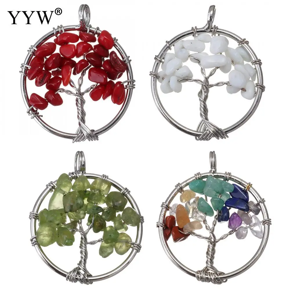 

Tree Of Life Pendant Silver Color Crystal Natural Gem Stone Chip Beads 7 Chakra Wire Wrapped Women For Jewelry Making Necklace