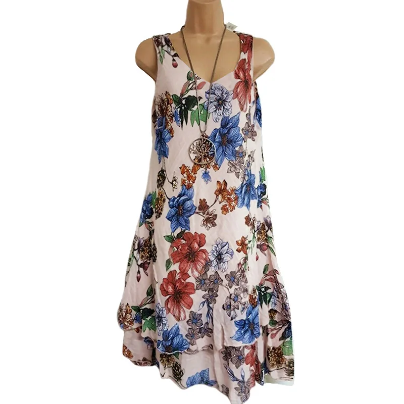 

2019 New Women Dress Elegant Sleeveless Loose Summer Dress Vestidos Beach Casual Double Layed Printed Dresses Plus Size S-5XL