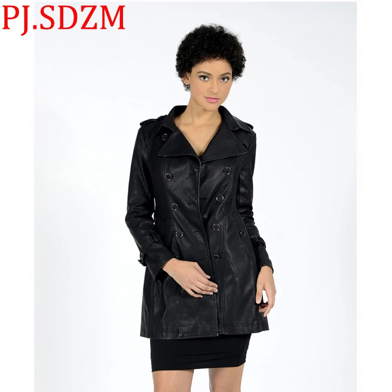 

Europe Women Medium Long Faux Leather PU Jackets Double-breasted Slim Waist Trench Coat Black Outerwear Long Sleeve Moto & Biker