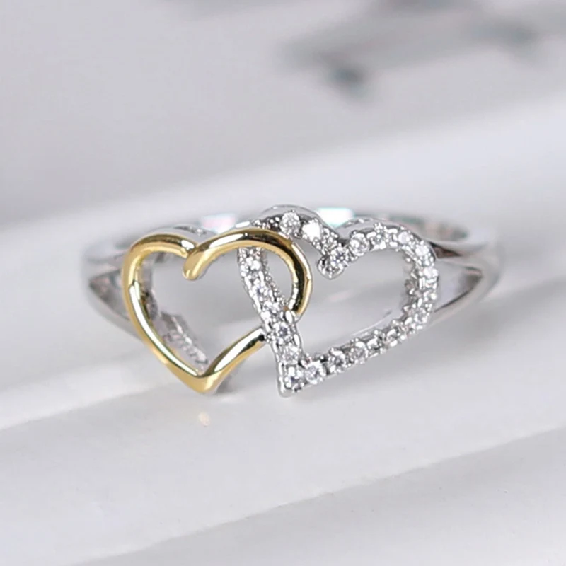 Zircon Love Heart Shaped Gold Color Ring Love Interlocked