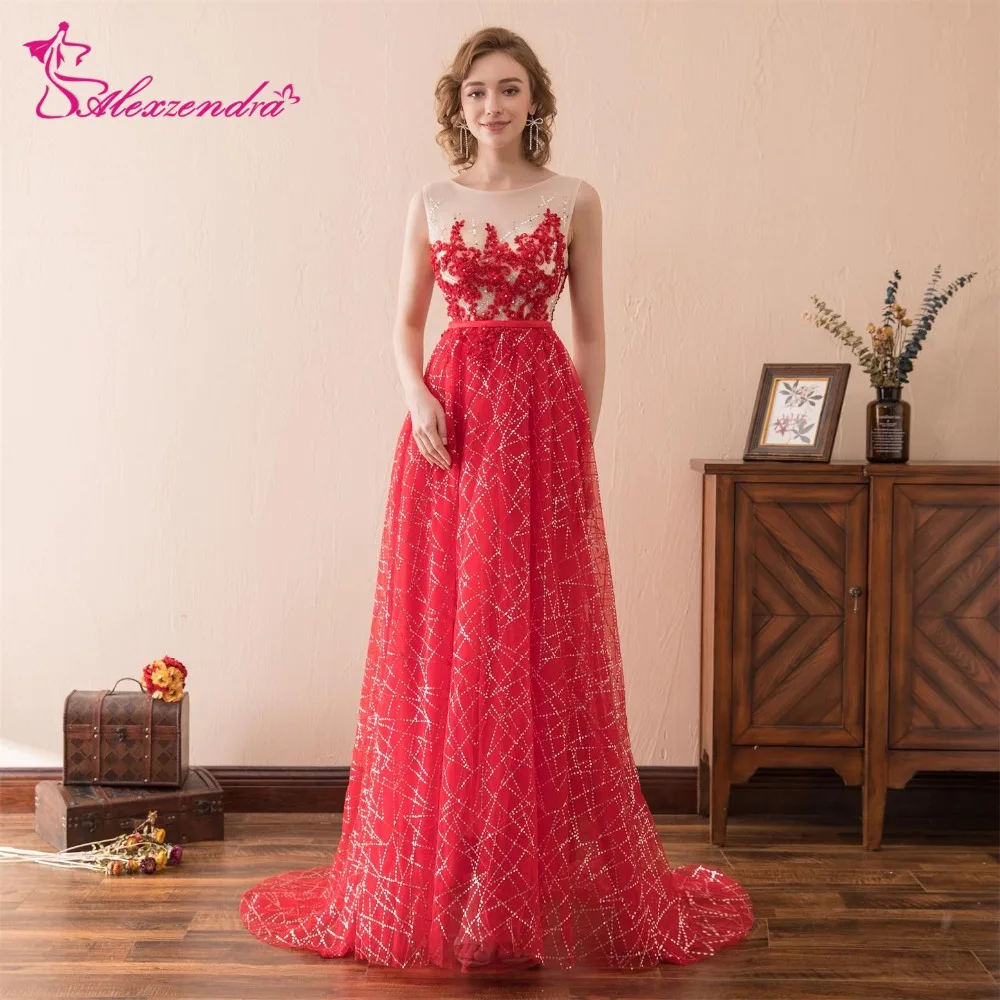 

Alexzendra Red Tulle Long A Line Scoop Neck Elegant Prom Dresses 2018 Formal Evening Dress Party Women Gown Custom