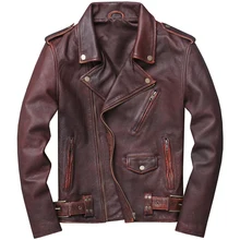 Винтажная коричневая Мужская Американская мотоциклетная кожаная куртка размера плюс XXXXXL Натуральная Воловья кожа Весенняя байкерская куртка