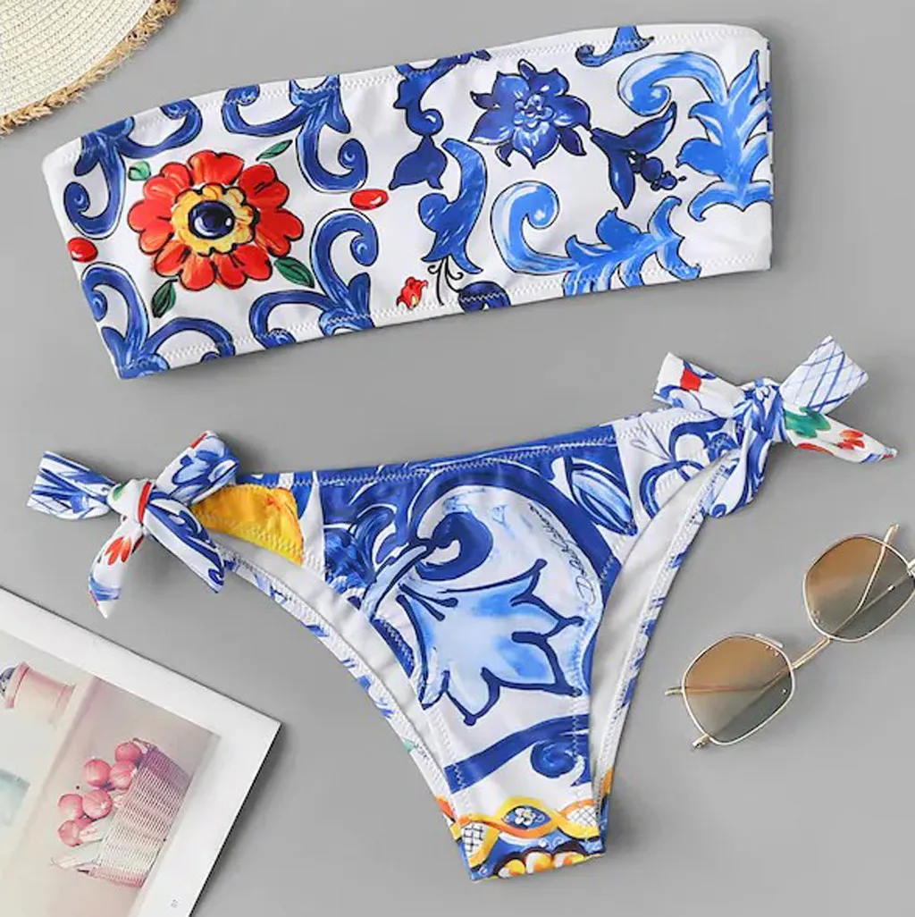 

Womens High Waist Bandeau Flower Print Bikini Set Swimwear Beach Bohemia Retro Swimsuit Monokini Bandage Padded Summer Beachwear