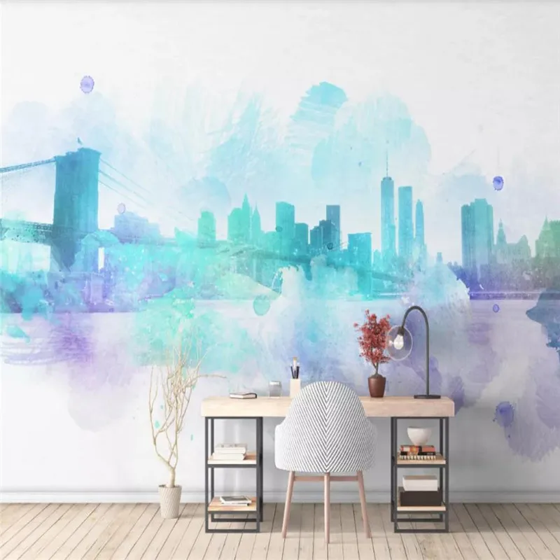 Custom wallpaper new Chinese ink city abstract hand-painted city silhouette background wall decoration waterproof material