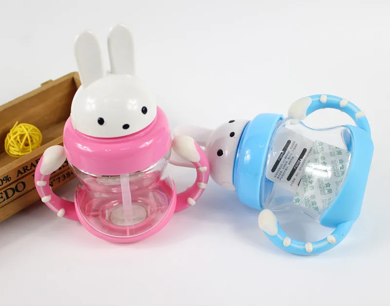 240ml Baby Training Cups Cute Rabbit Silica Gel Straw Baby Water Feeding Learning Drinking Bottle With Handle Kids Cup BB5095 (2)