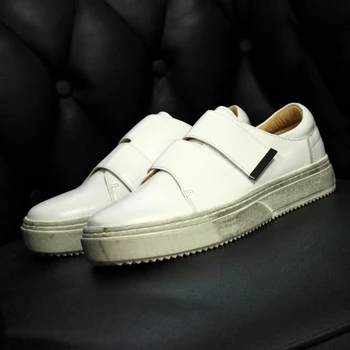 

2017 fashion men's hook-loop casual leather shoes round toe comfortable platform shoes for men black/white big size flat shoes