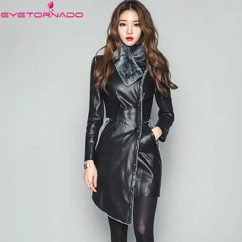 2018 High end autumn winter Fur scarf collar slim elegant faux leather Pu Jacket black double breasted irregular work warm coat 2018 High end autumn winter Fur scarf collar slim elegant faux leather Pu Jacket black double breasted irregular work warm coat