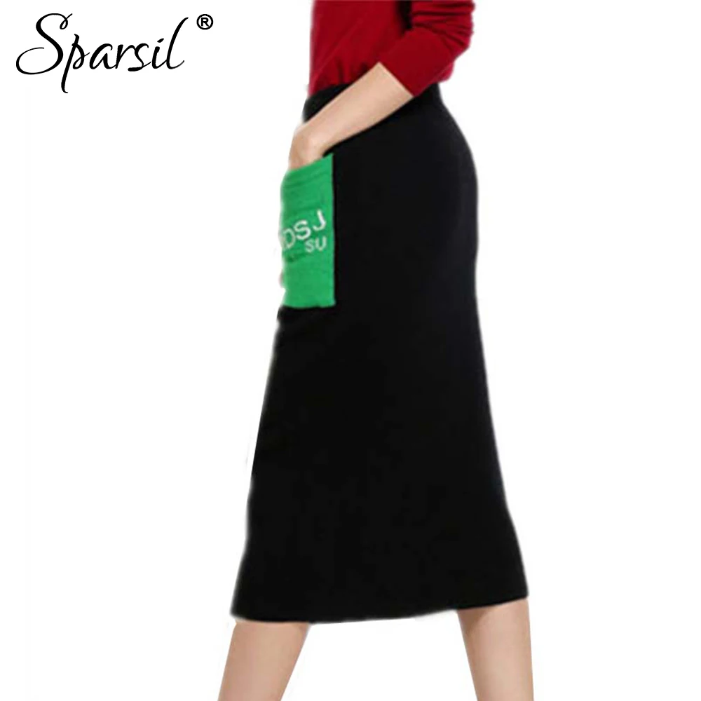 Sparsil Женская Осенняя кашемировая юбка длиной до колена Модные женские Лоскутные цветные трикотажные прямые юбки с карманами