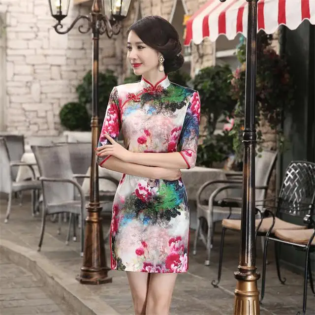 Slim fit Mulfruits silk Women Tradition Qipao Short Floral Pattern ...