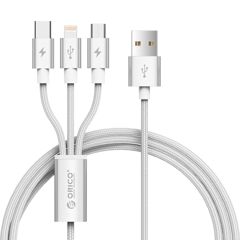 ORICO USB кабель 3 в 1 для iPhone X 5 6 7 8 кабель для мобильного телефона 2 в 1 Тип C Micro USB кабель для зарядное устройство для андроида кабель - Цвет: Серебристый