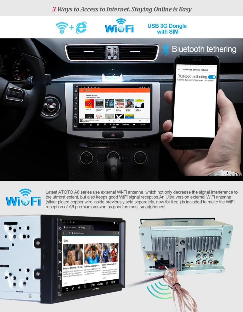 ATOTO A6 doble Din Android Car GPS estéreo reproductor/Dual Bluetooth/A62711PB 1G + 32G/ 2A rápido de carga/Indash Radio Multimedia/WiFi