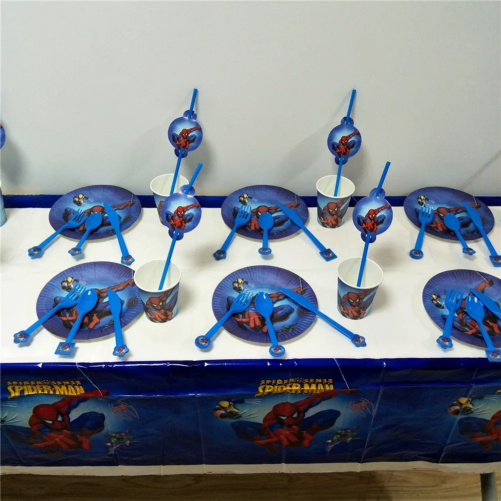 

61pcs/set Spiderman Kids Birthday Party Decoration Tablecloth Cups Plates Straw Knife Fork Spoon Event Party Supplies Favors