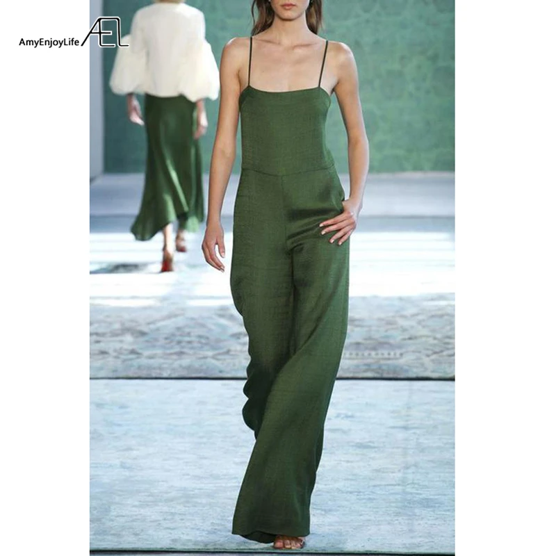 AEL зеленый минимализм Cami комбинезон для женщин широкие ноги скольжения комбинезоны Спагетти ремень Летняя свободная уличная одежда подиумная одежда