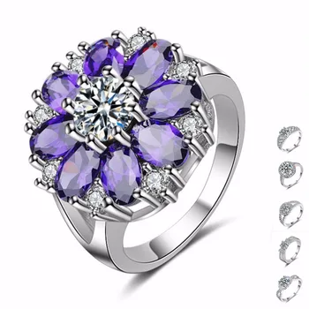 

925 Silver Ring Flower Design Silver With Big Austrian Shiny Wedding Bridesmaid Women Mix Ring European American 3A Zircon Ring