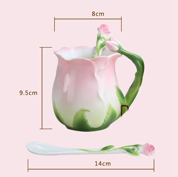 3D кружки в форме розы цвет эмаль фарфоровая чашка посуда для напитков цветок кофейные чашки креативные кружки керамические с ложкой кофе молоко чайные наборы