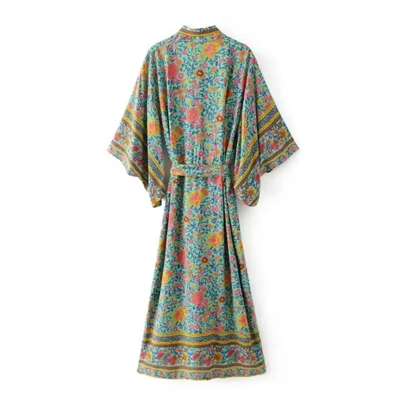 Us 1789 28 Offwomen Fashion Floral Print Boho Chic Long Beach Kimono Dresses Summer V Neck Lace Up Bat Sleeve Maxi Dress Vestidos Z528 In Dresses