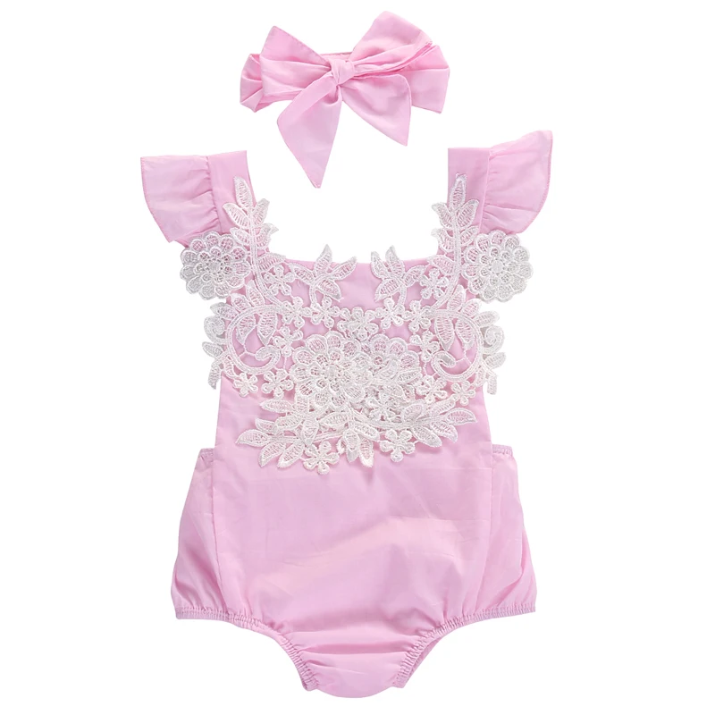 2pcs Newborn Baby Girl Bodysuit Bow Headband Summer Fashion Lace Floral