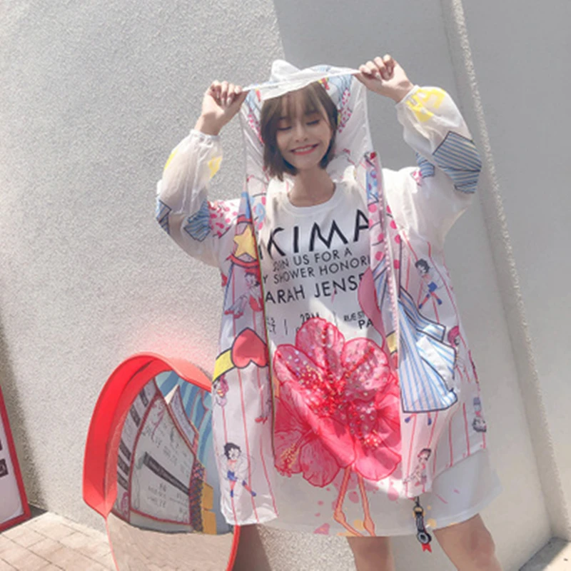 

Summer Women's Sun Protection Clothing Long Section Loose Cartoon Fashion Thin Section Long-Sleeved Cardigan Jacket Female D13