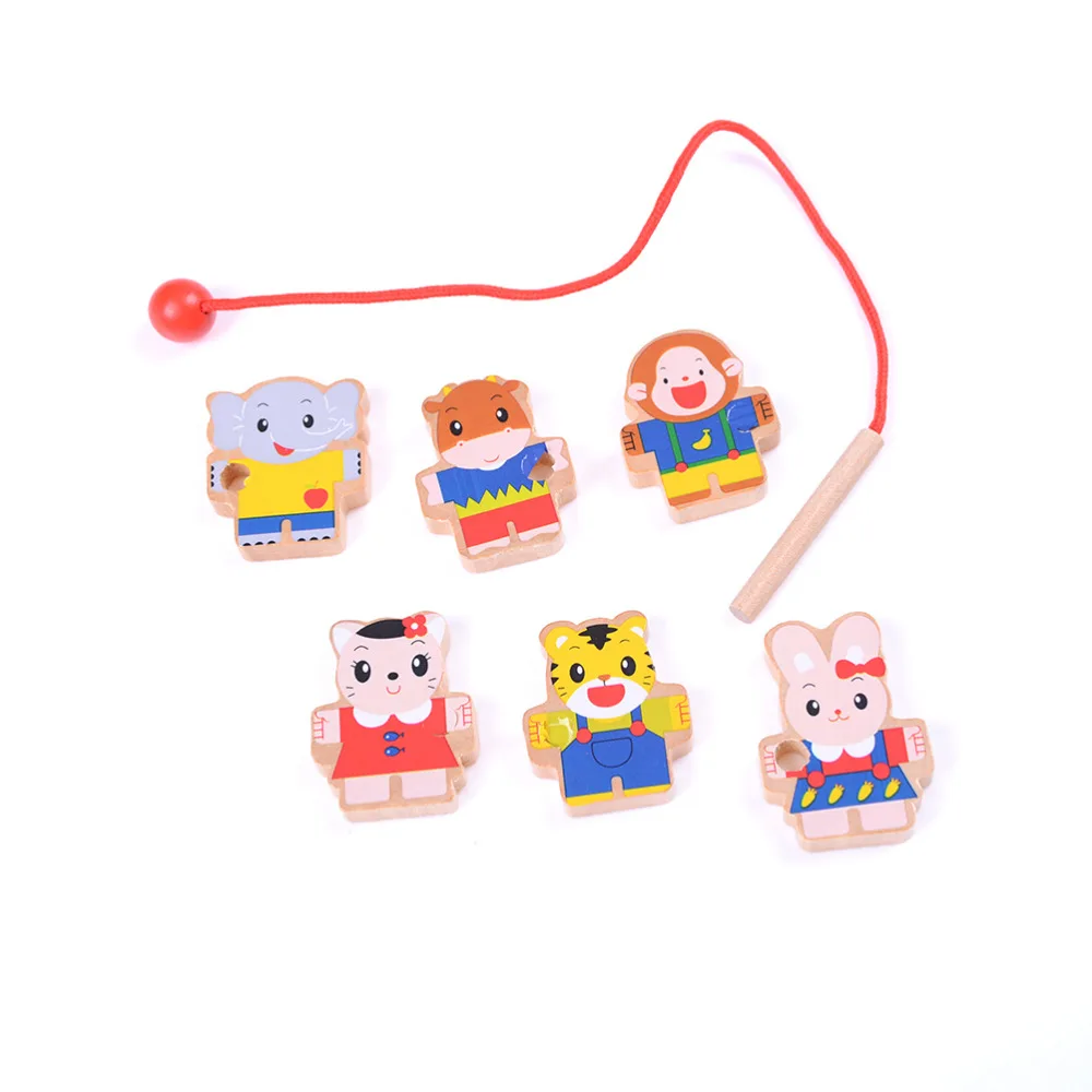 6 Cartoon Animals wooden toys Wooden Threading Beads Game Education Toy