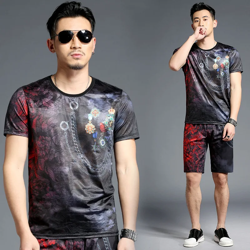 

2019 Summer Mens Shorts Set Design Print Men Set 2pcs Fancy Clothing Men Trainingspak Mannen Pullover Shirt+short Vetement Homm