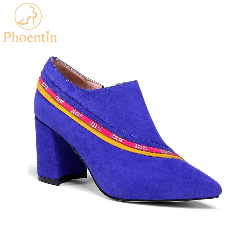 

Phoentin blue zip ankle boots mixed colors 2019 new fashion crystal ladies boots kid suede hoof heels crystal shoes green FT515