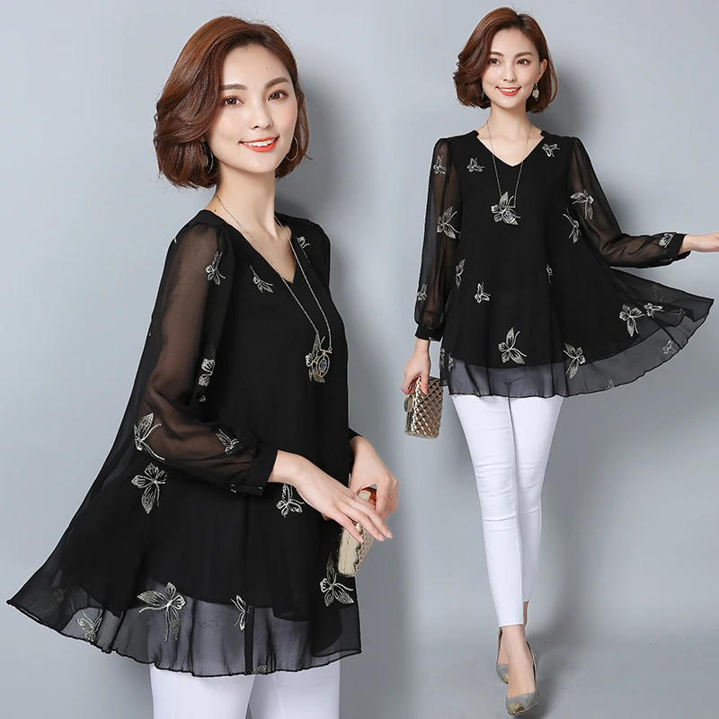 Moda 2019 Plus Ropa 4xl De Blusa Mujeres Top Xxxl Primavera chili Larga Elegante Cuello Gasa Camisa 5xl Con Manga Invierno Tamaño La butterfly V En Blue Yiciya Butterfly Las Black Black Negro OBwqZxHX