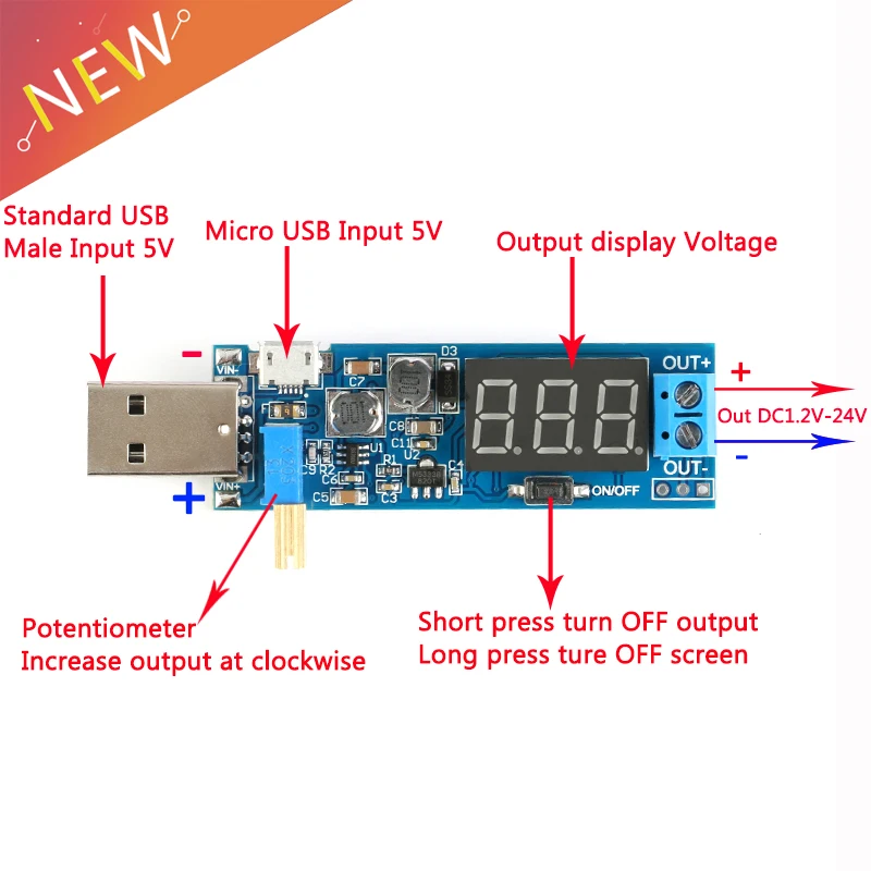 

DC-DC 5V to 3.5V / 12V USB Step UP / Down Power Supply Module Adjustable Boost Buck Converter Out DC 1.2V-24V