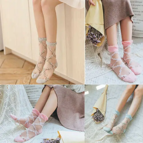 

Ladies Fishnet Ankle Socks Adult Fashion Silk Socks in Crystal 5 colors