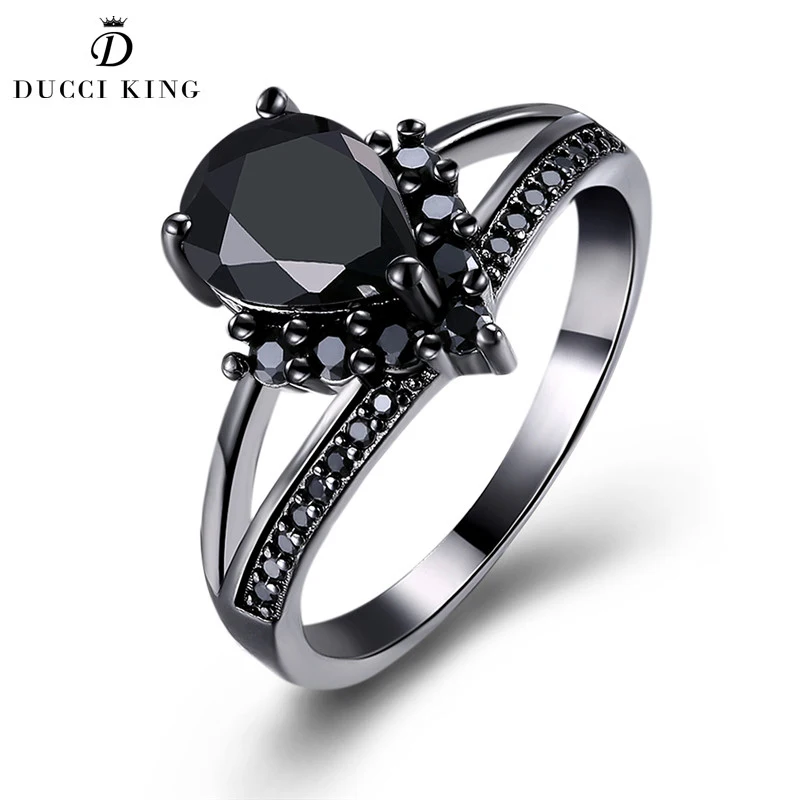 Simple Black Crystal Female Ring Black Gold Cocktail Party Zircon Rings