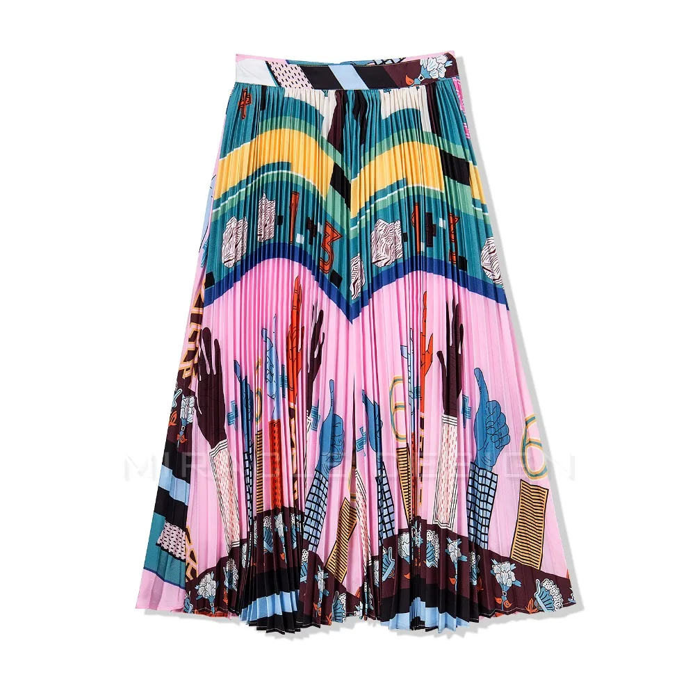

2019 Summer Fashion Runway Designer High Quality Women's Elegant Stunning Pattern Printing Pleated Slim Skirt All-matched Saia
