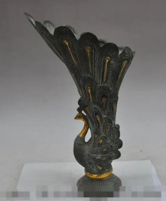 

S00827 13"chinese fengshui bronze gilt Phoenix bird statue zun Cup Bottle vase Pot Jar B0403