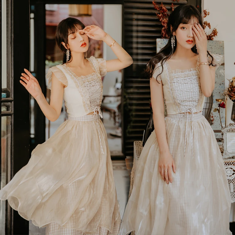 Sweet Xue/комплект летней одежды в клеточку без рукавов с квадратным воротником на