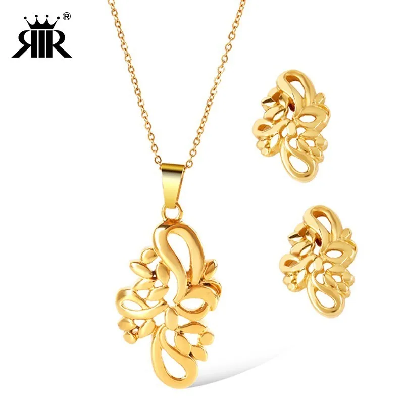 

RIR Plant Necklace And Earrings Stainless Steel Rose Gold Wedding Flower Pendant With Stud Earrings For Women Bride Jewelry Set