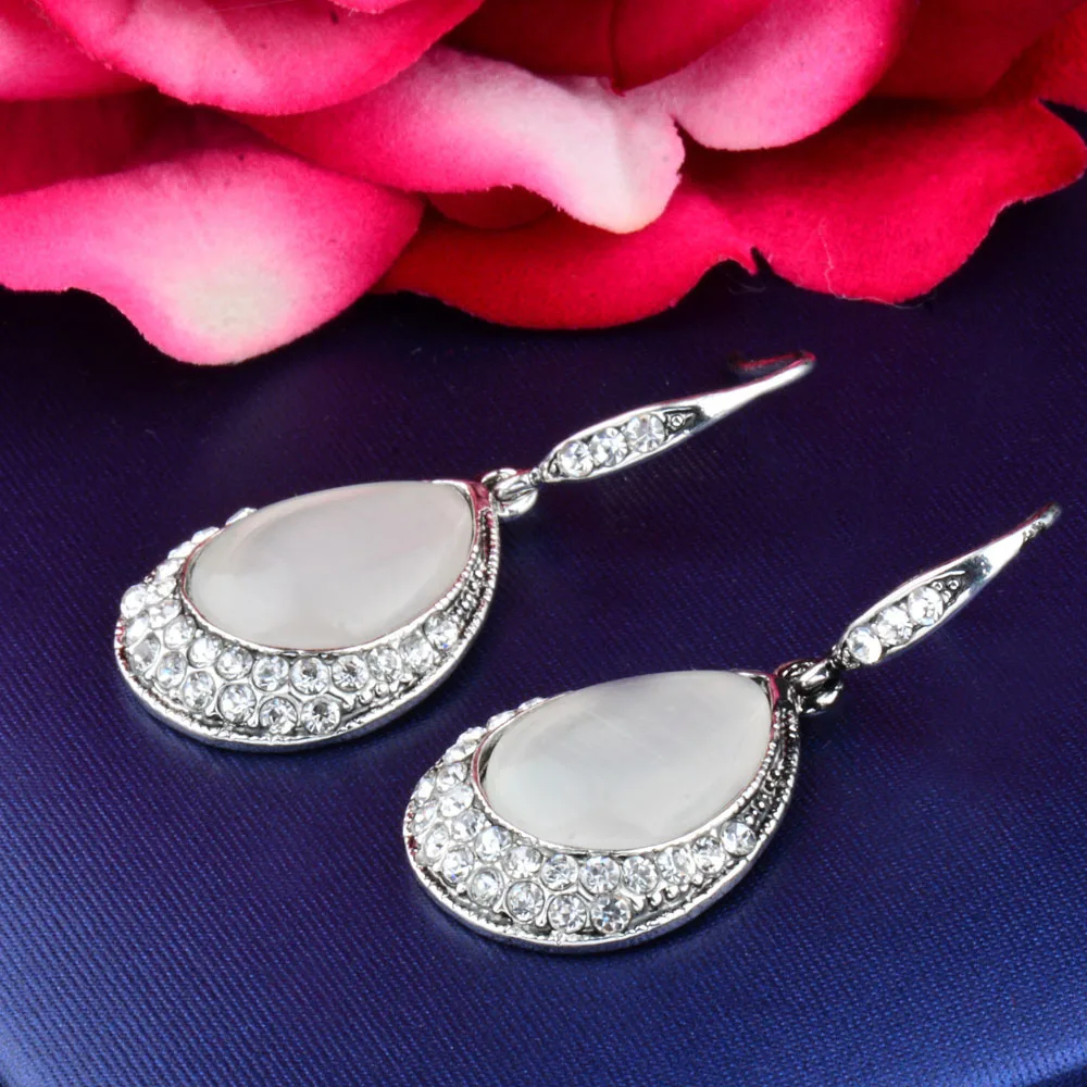 SINLEERY Vintage Water Drop Opal Stone Dangle Drop Earrings for Women Antique Silver Color Jewelry Accessories ES527