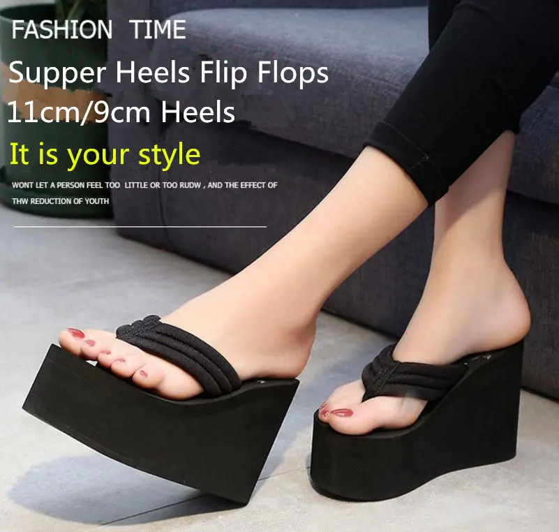 Women's 11CM Platform Flip Flops - Black EVA High Heels - true deals club