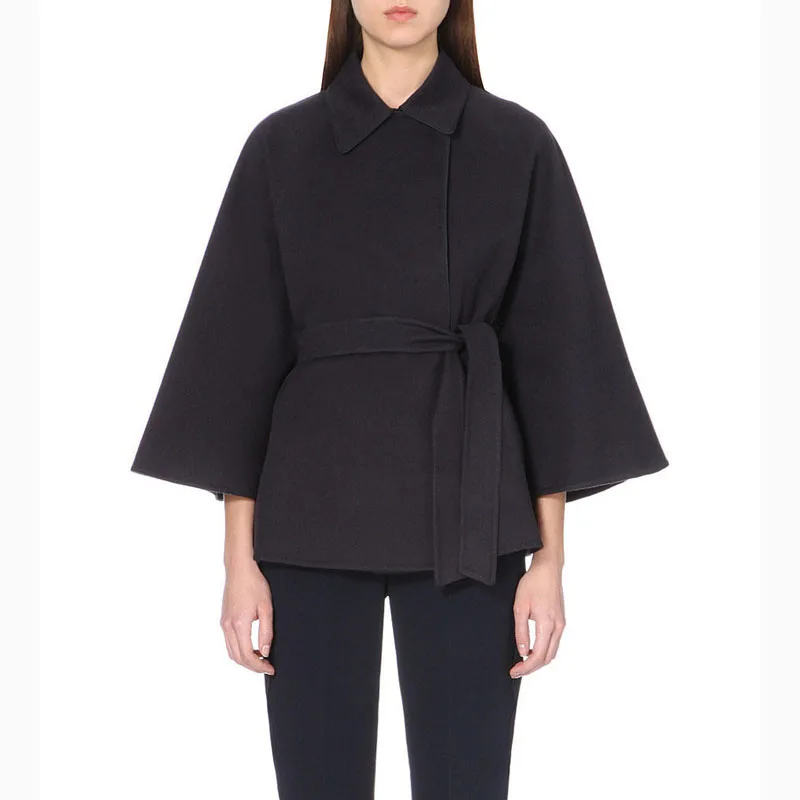 

ZADORIN Autumn Winter Women Coat Black Three Quanter Sleeve Cloak Wool Coat Lapel Belt Cape Coat Fashion Wool Jacket Streetwear