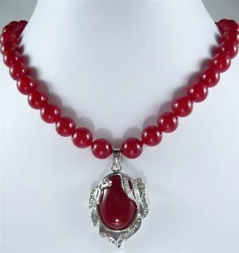 

RHJ00142 Charming 8mm Red Ruby Round Beads Gems Oval Pendant Necklace 18"AAA+