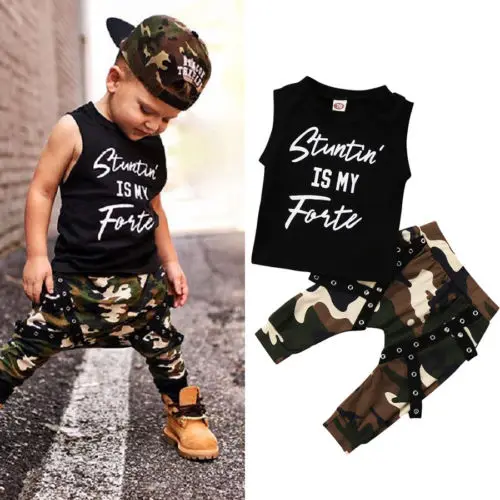 

Casual Toddler Kids Baby Boys Summer Sleeveless Letter Print Tops T-shirt Camo Pants Outfits Cool Children Set Clothes