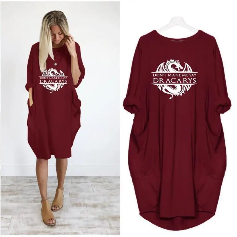 

Dracarys Letters Print Pocket Dress Dress Vestidos Summer Maxi Beach De Festa