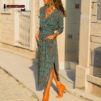 

Women Long Dress Floral Print Summer Maxi Chiffon Beach Dress Elegant Party Dress Long Sleeve Office Shirt Dress Vestidos Longo
