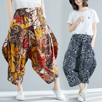 

2019 spring and summer large size women's loose cotton and linen wide leg pants stretch seven pants loose retro art casual pants