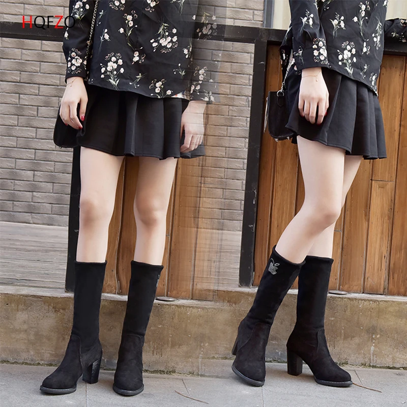 

HQFZO Slim High Heels Boots Flock Slip On Botki Round Toe Platform Solid Comfortable Autumn Boots For Women Mujer 2018