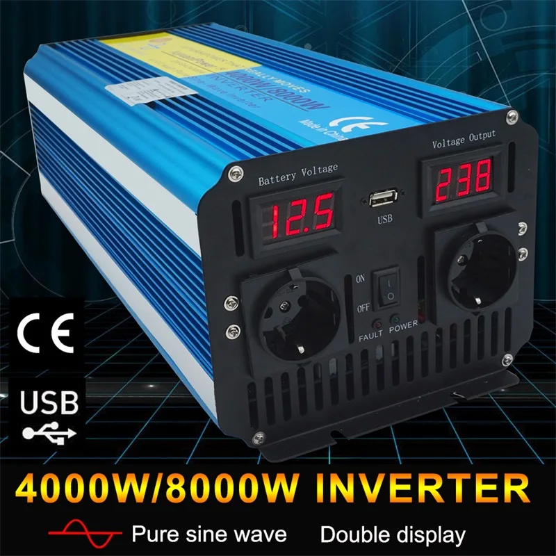

8000W outing / Home Dual LED Display pure sine wave power inverter DC 12V/24V TO AC 220V/230V/240V with 3.1A USB