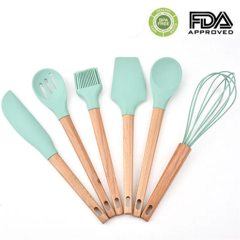 6pcs/set Food-grade Silicone Bakeware Set Wood Handle Utensils Nonstic Kitchen Cooking Tools Kitchen Scraper Whisk Brush Kit
