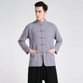 

Vintage Gray Chinese Male Long Sleeve Casual Shirt Men's Cotton Linen Kung Fu Wu Shu Shirt Size S M L XL XXL XXXL 2601