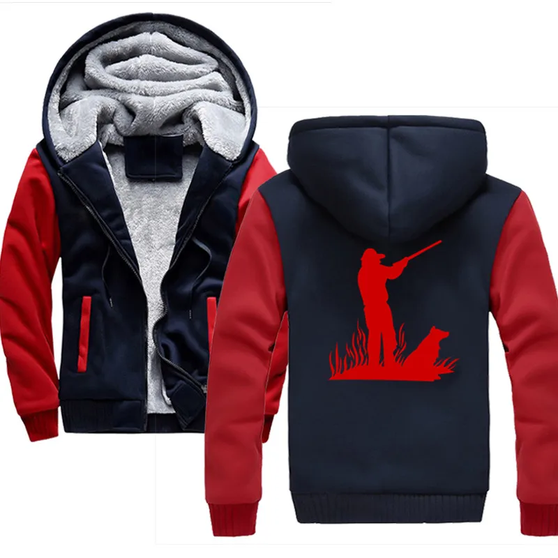 

Winter Inner Fleece Hoodies Men 2019 wild goose hunter and his dog Printing Fashion Streetwear Hoodie Autumn Winter Men'S Hoodie