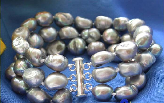 

FREE SHIPPING ****3ROW 13MM GRAY BAROQUE FRESHWATER PEARL BRACELET 925SC P2082