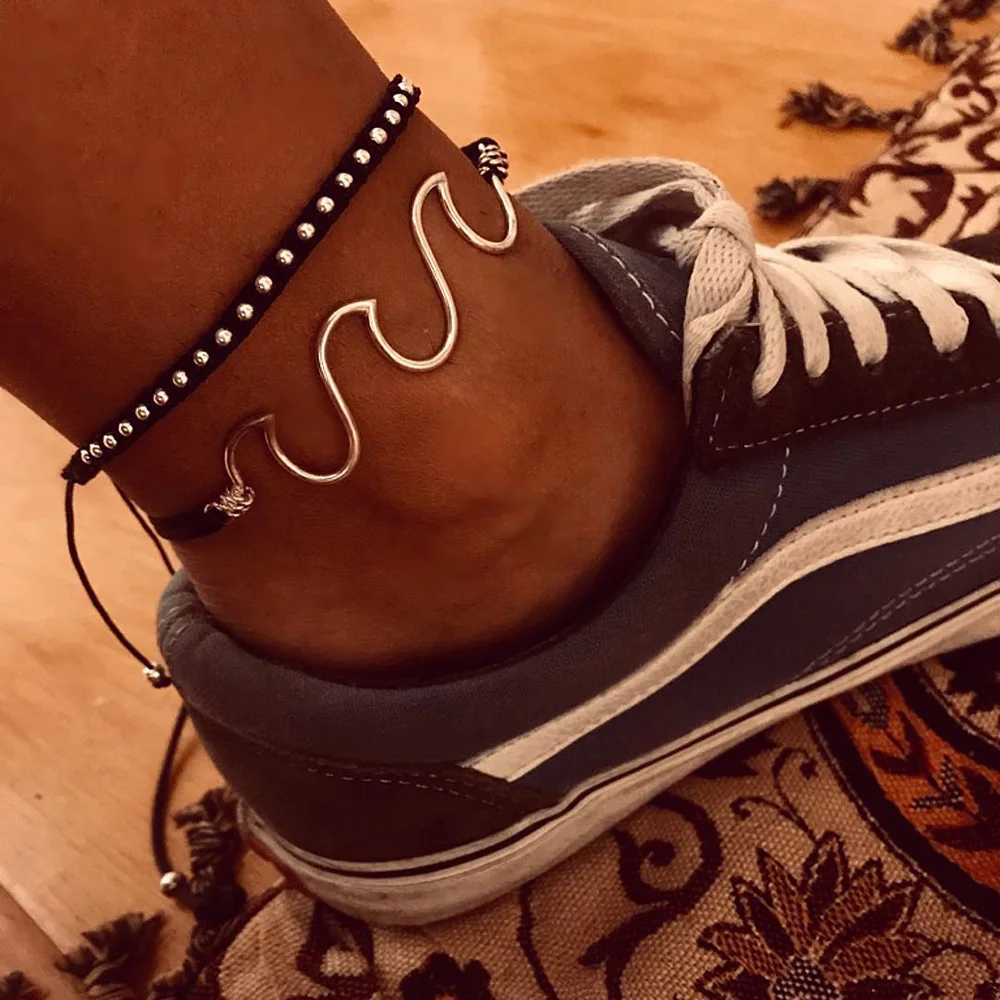 

2 Pcs/ Set Personality Rivet Waves Woven Leather Multilayer Punk Adjustable Anklet Set Women Fashion Party Jewelry Gift