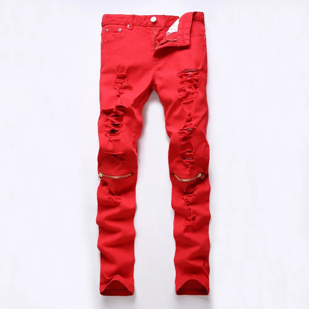 New Fashion Mens Ripped Biker Jeans 100% Cotton Red Black White Slim Fit Jeans Men's Skinny Hole Denim Joggers Pants - AliExpress